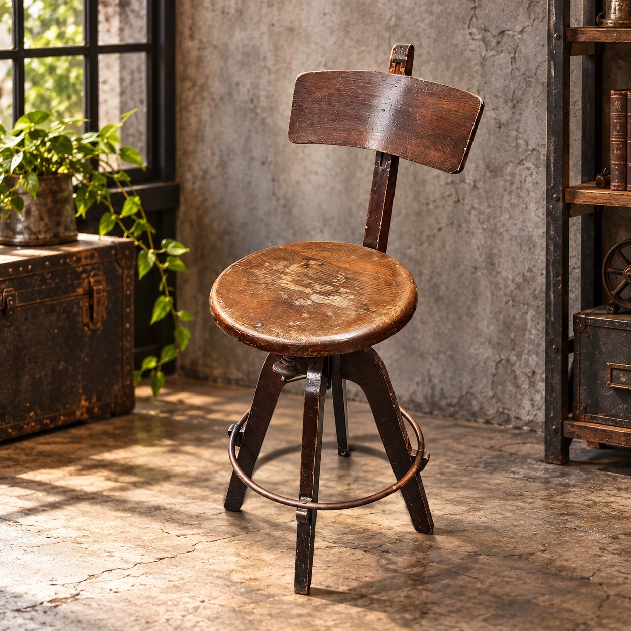 工業風木製升降高腳椅・鐵製腳踏圈・老酒吧工作椅